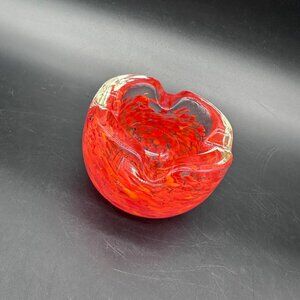 Vintage Art Glass Bowl Ashtray Red Orange Trinket Dish Jewelry Holder Blown
